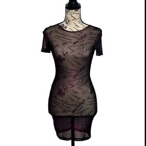Y2K Sheer Mesh Graphic Mini Dress Paris Script Print Goth Grunge Clubwear  S/M